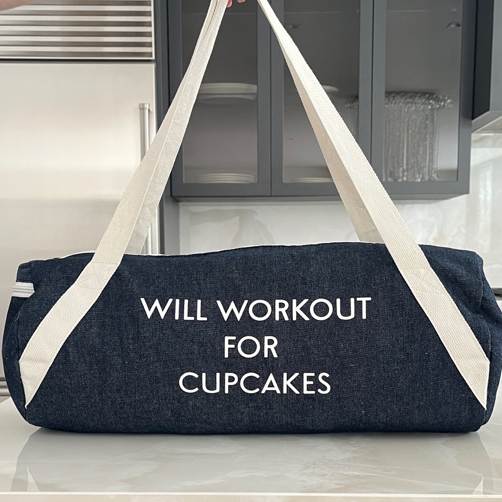 PRIVATE PARTY Denim Gym Bag Will Workout for Cupcakes, Denim Gym Bag.